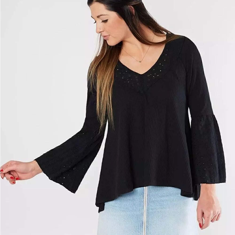 FREE PEOPLE Black Parisian Nights V Neck Top Medium